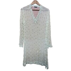 Saja Women NA Beaded Sheer‎ Tunic Dress Cream V-Neck Embellished Boho Lined